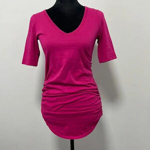 MODA International V Neckline Short Sleeve Pink Rouched  sides Top size Small